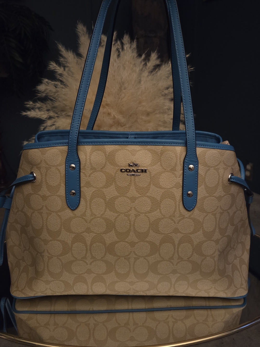 Coach 2018 Signature Drawstring Carryall Khaki Blue Leather Trim Tote Shoulder